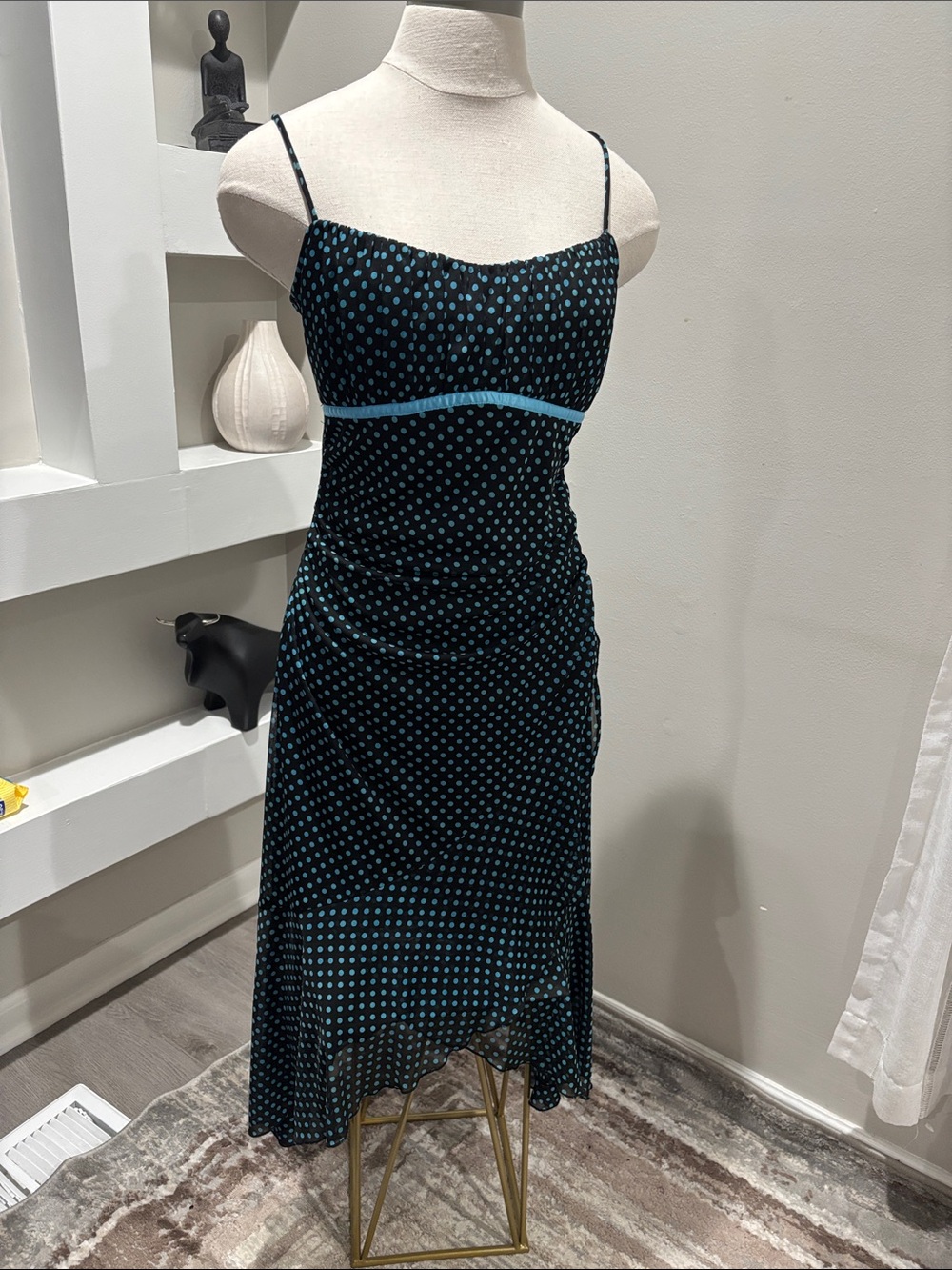 Ruby Rox Black Midi Dress with Teal Polka Dot Accents